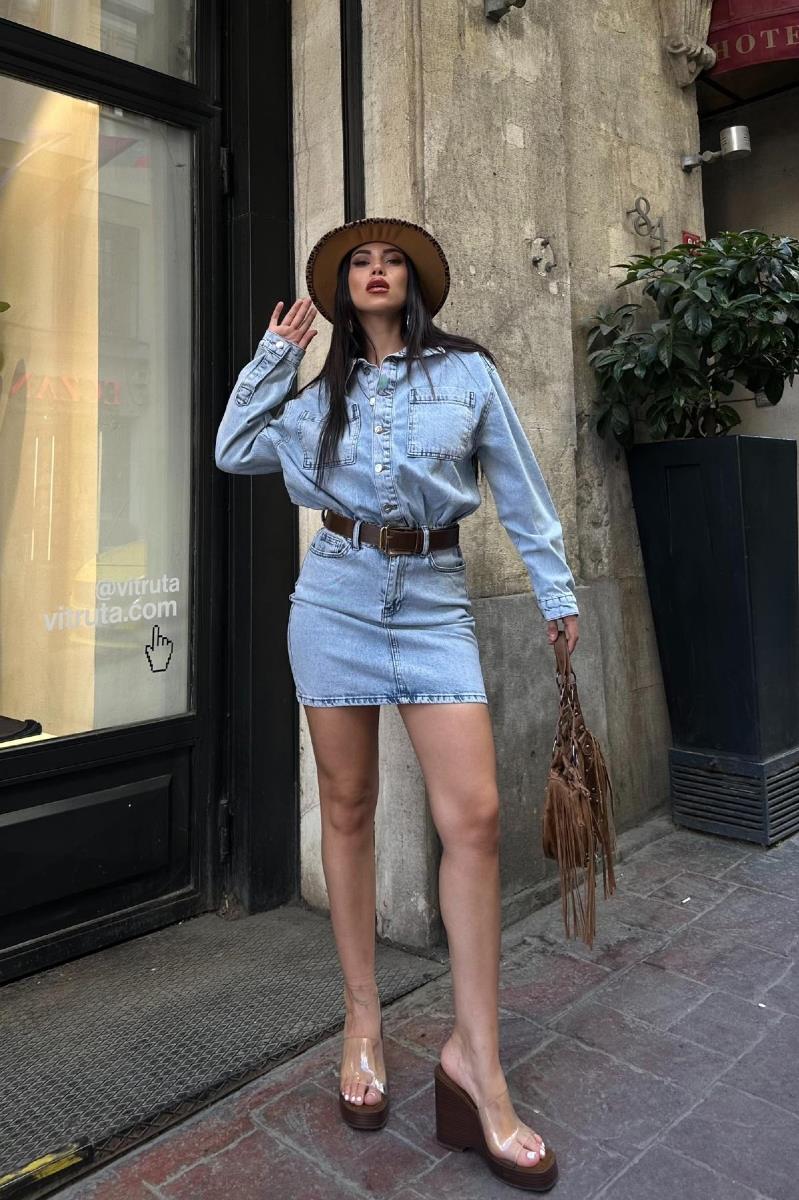 Düğmeli Mini Kot Elbise