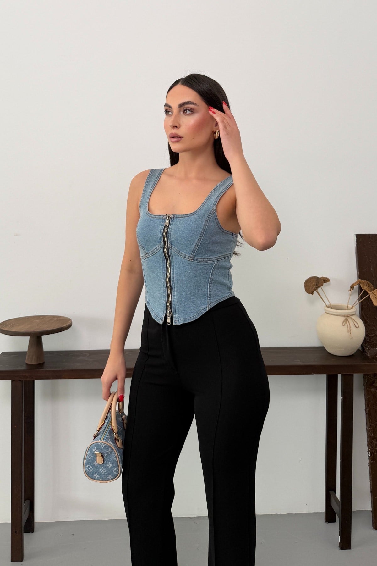 Fermuarlı Denim Büstiyer