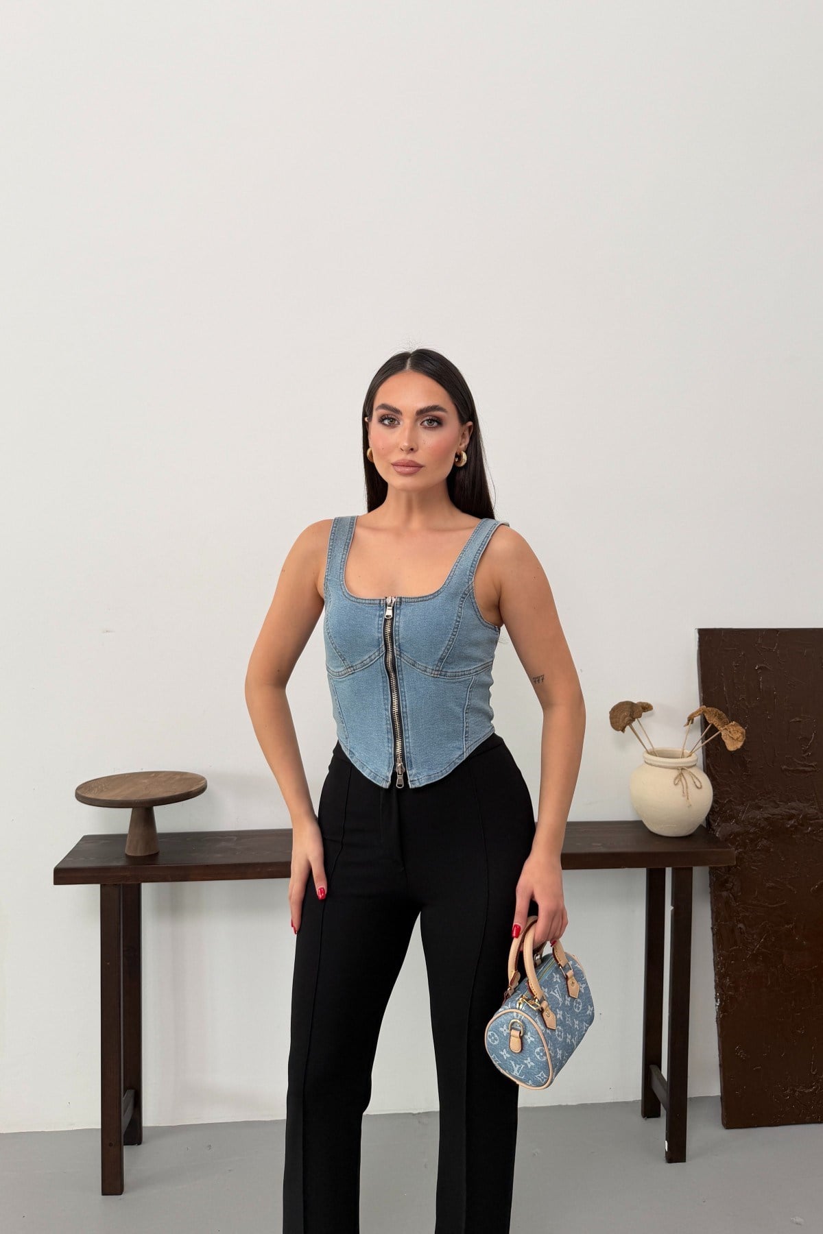 Fermuarlı Denim Büstiyer