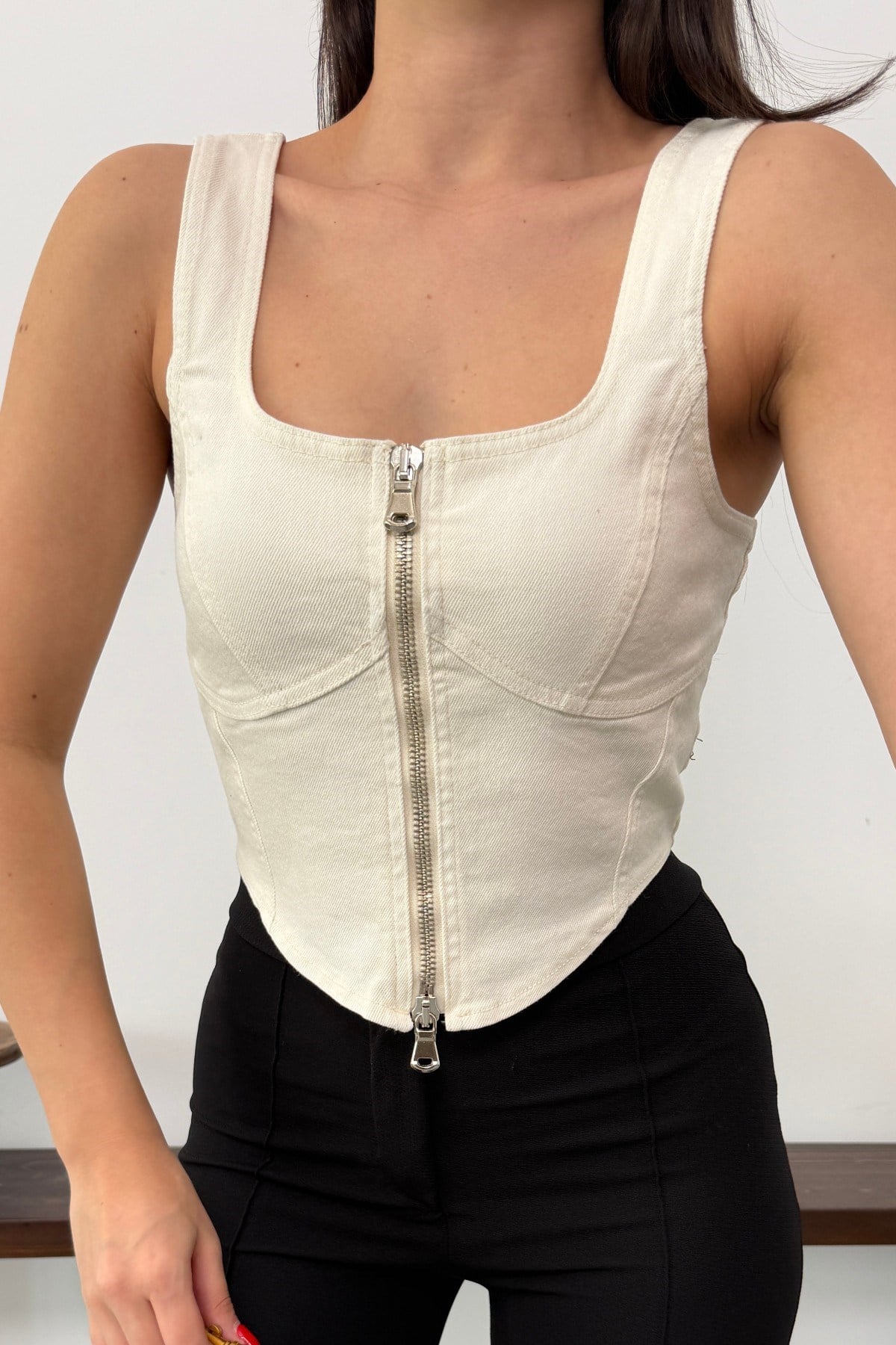 Fermuarlı Denim Büstiyer