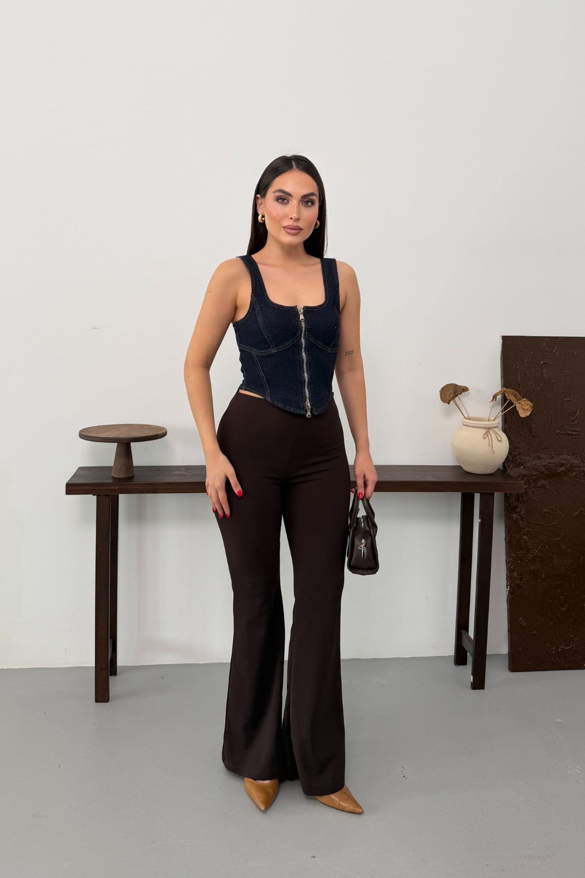 Fermuarlı Denim Büstiyer