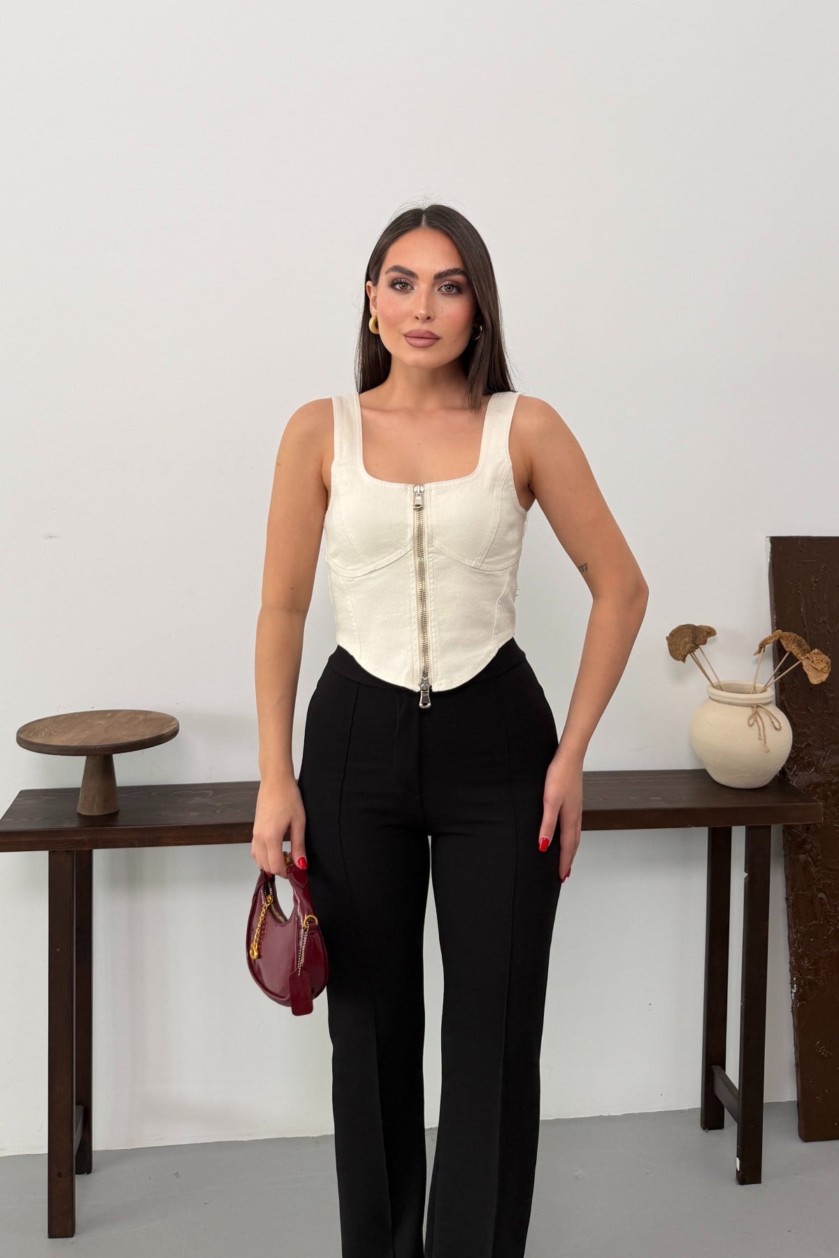 Fermuarlı Denim Büstiyer