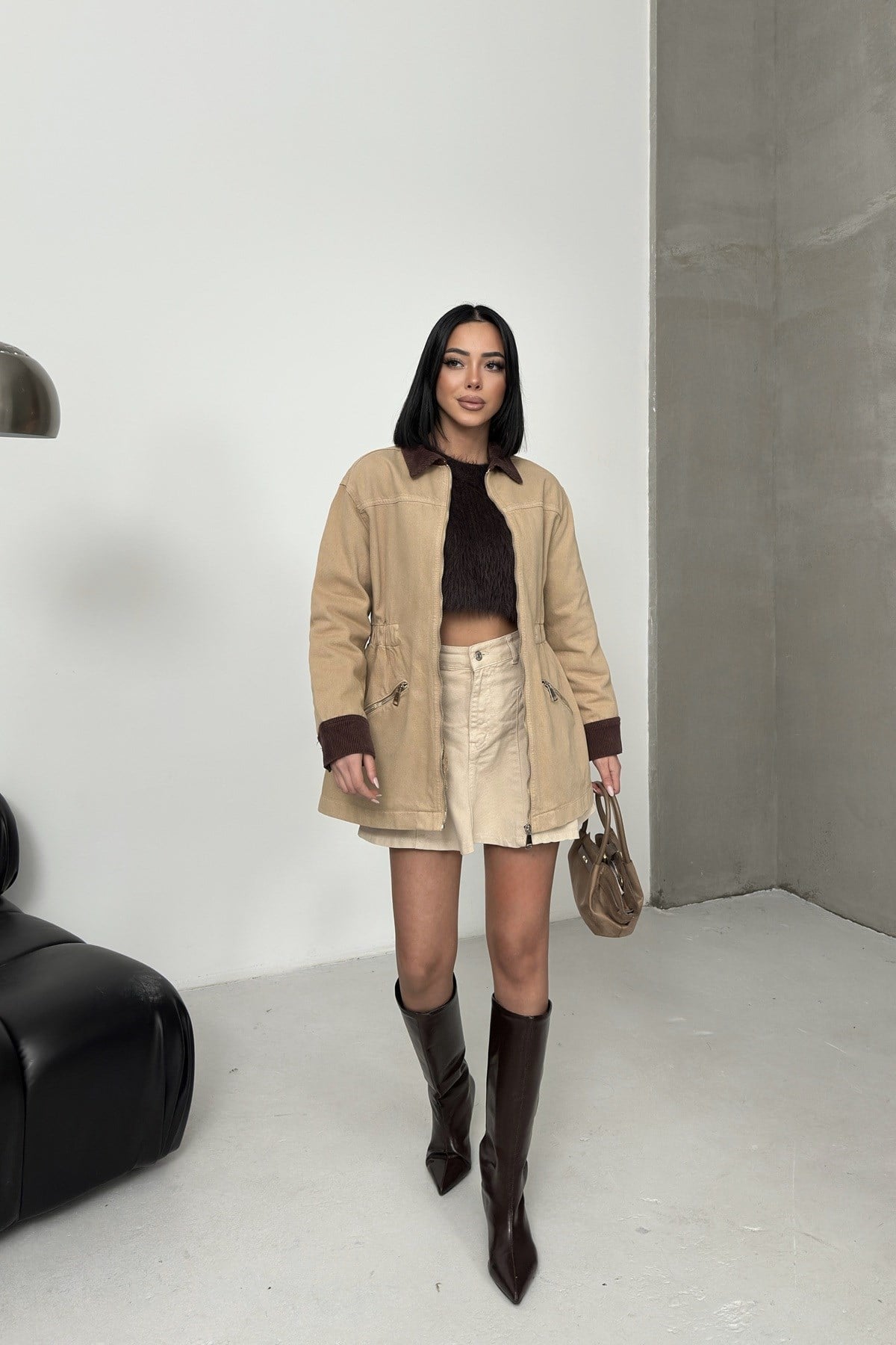Kadife Detaylı Fermuarlı Kot Ceket 6129