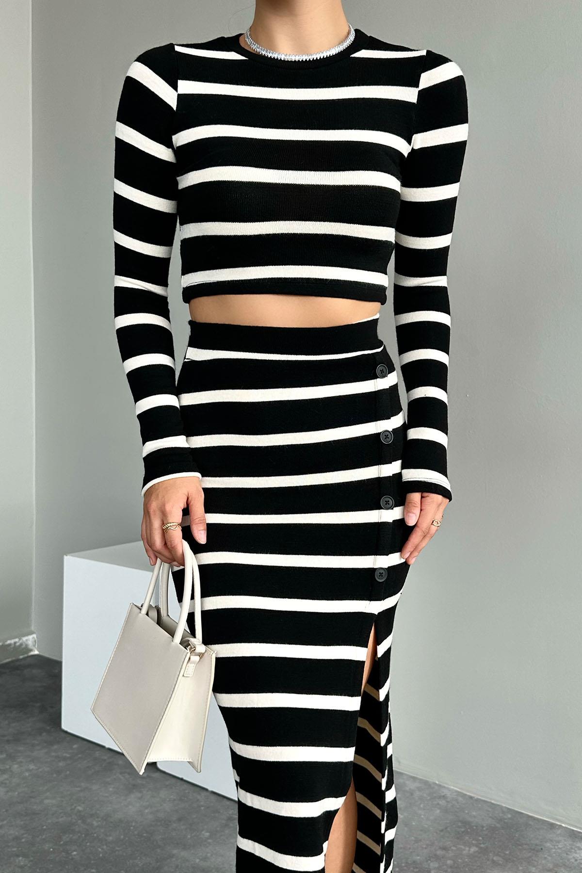 Kadın Alsea İki Renkli Düğmeli Örme etek Takım - Siyah-Beyaz