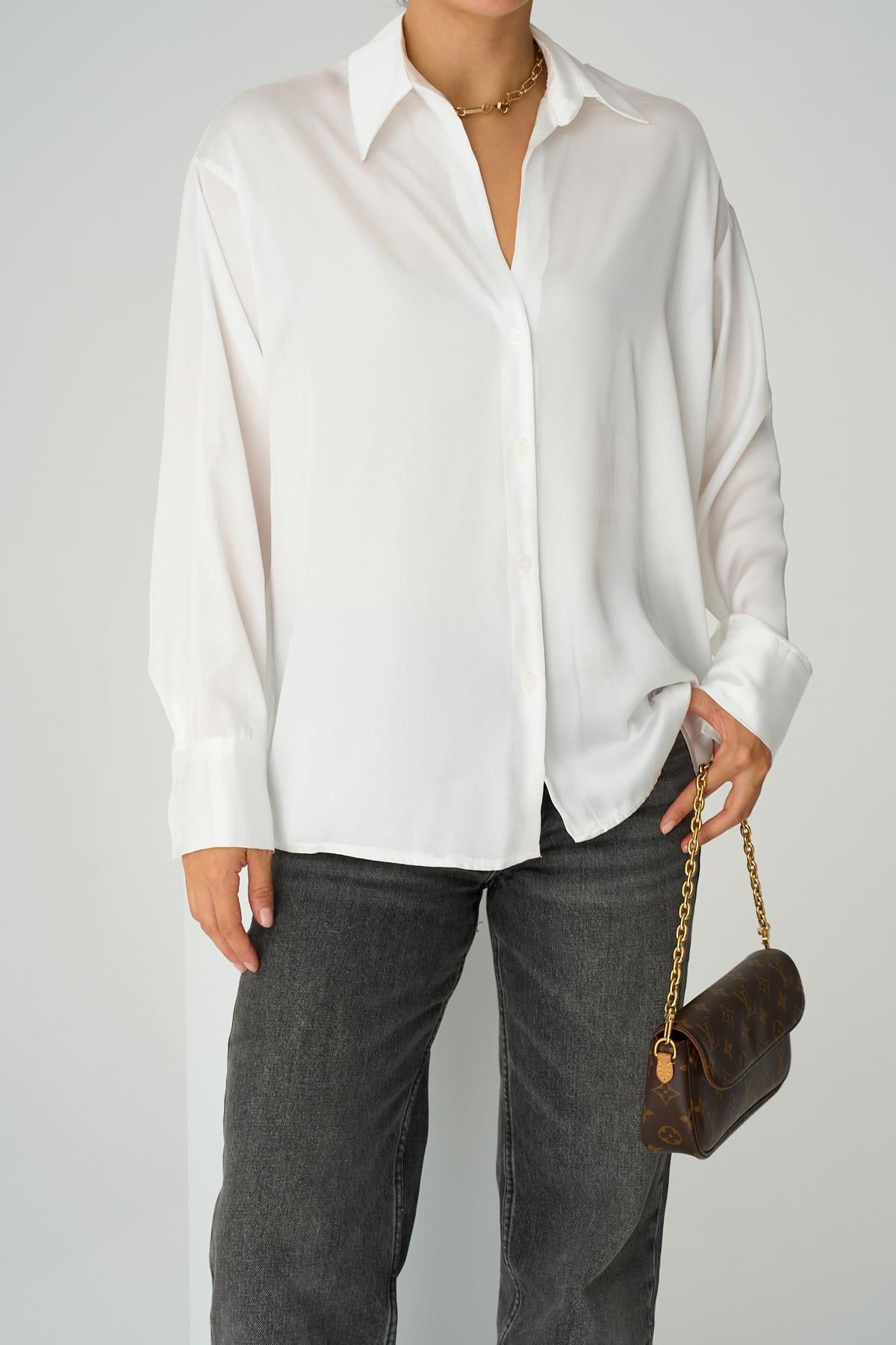 Kadın Cheky Saten Gömlek - Ekru