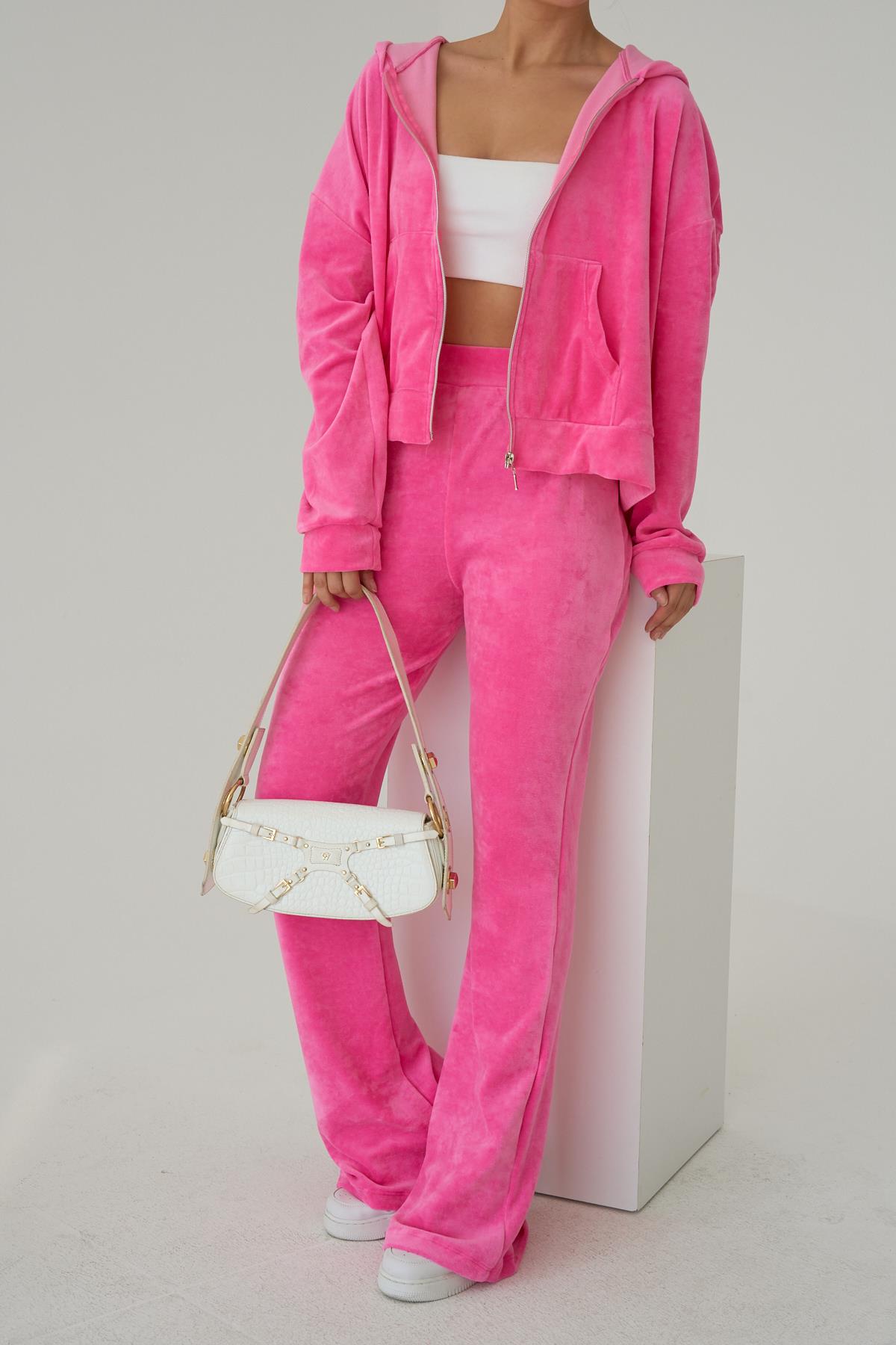 Kadın Kadife Örme Pantolon Takım - Pembe