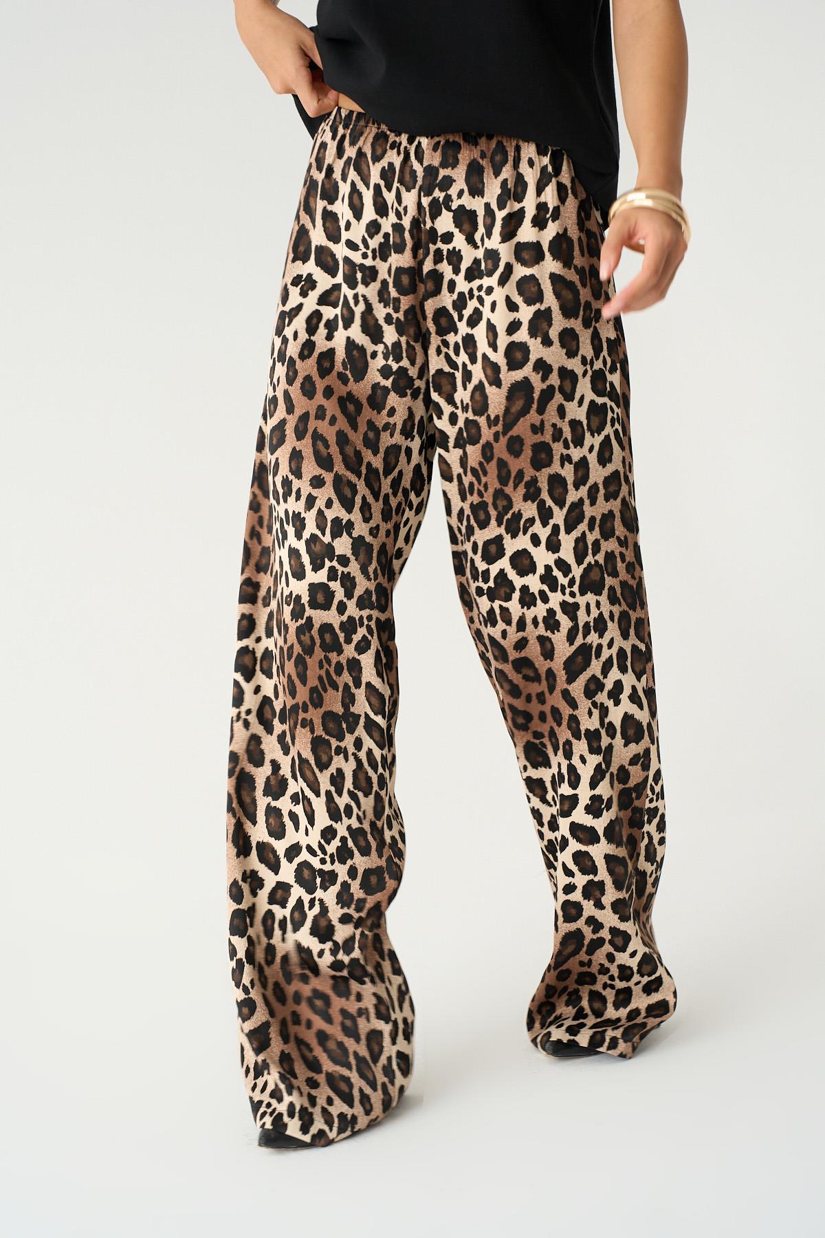 Kadın Leopar Lastikli Dokuma Pantolon - Leopar