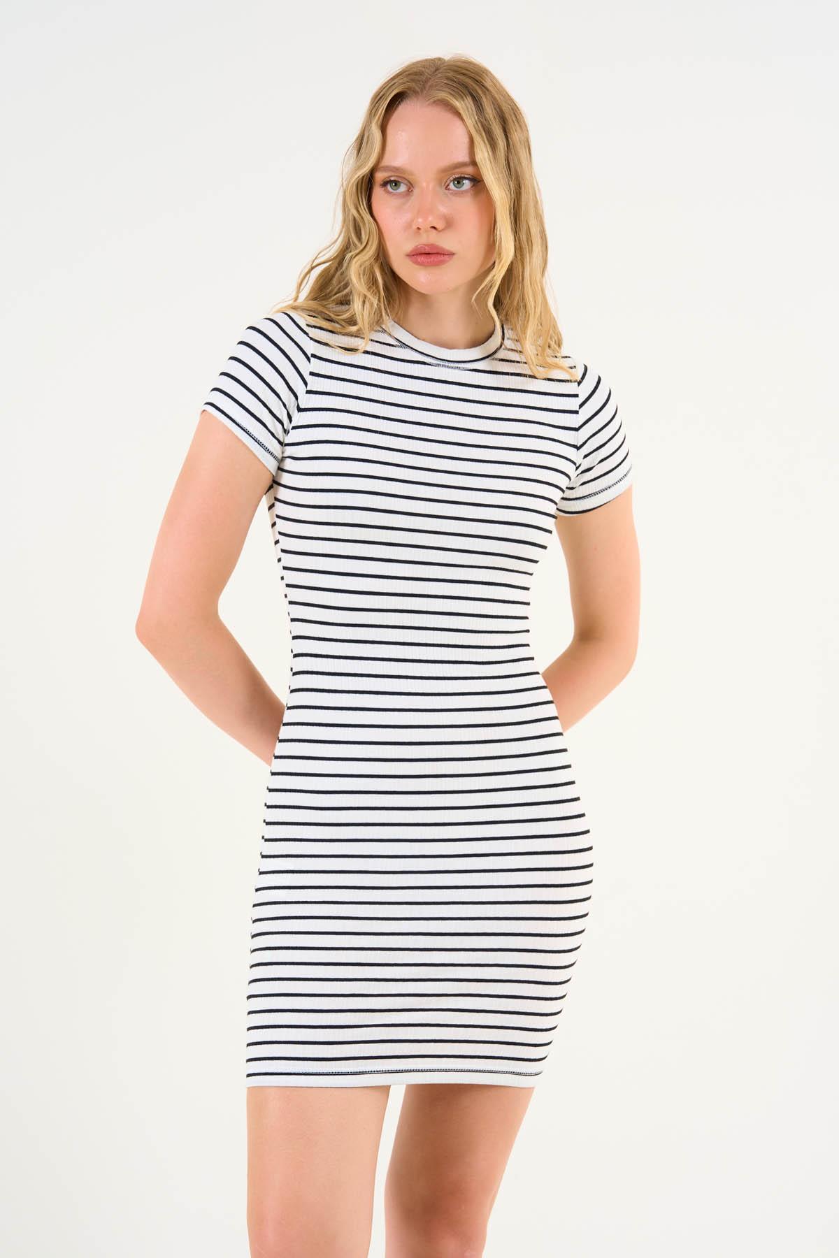 Kadın Merde Çizgili Örme Elbise - Ekru-Siyah