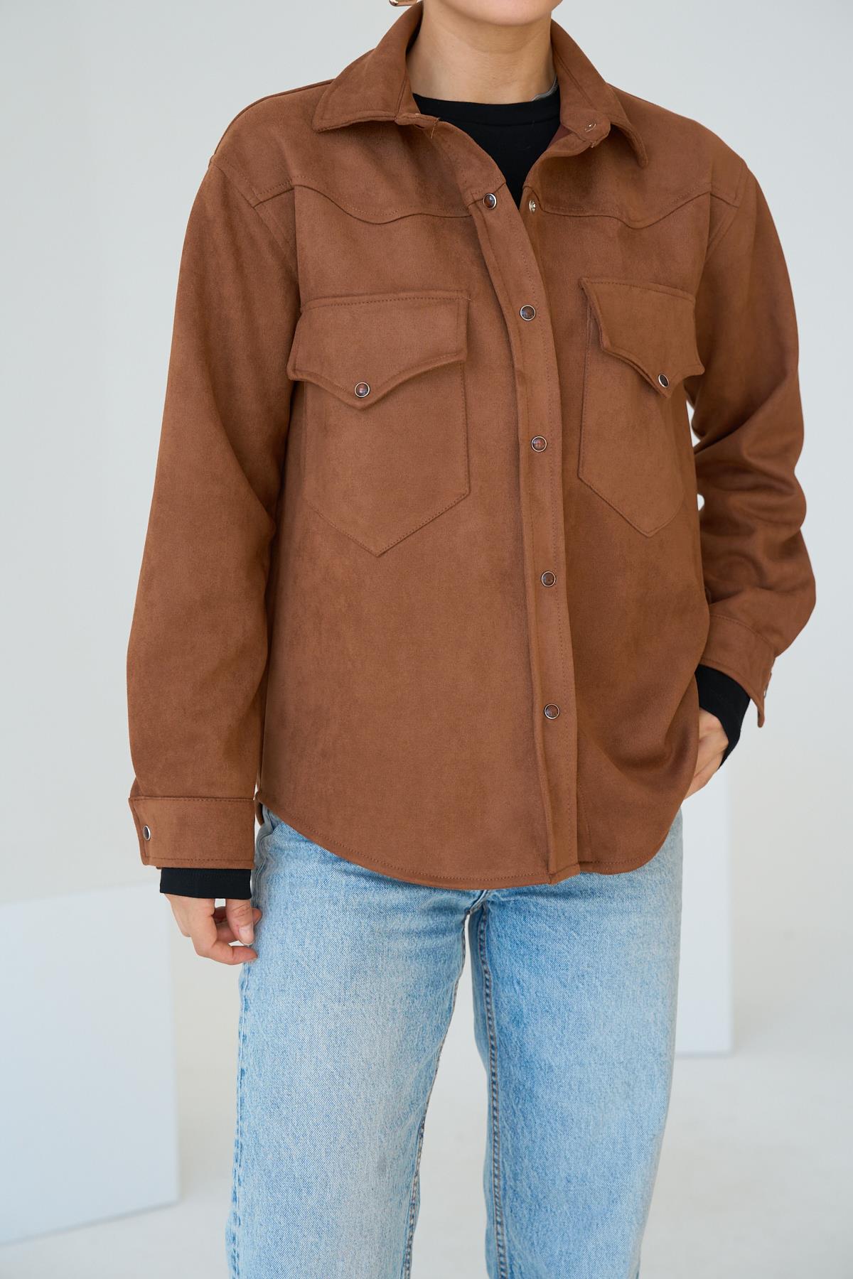 Kadın Monart Dokuma Süet Gömlek - Taba