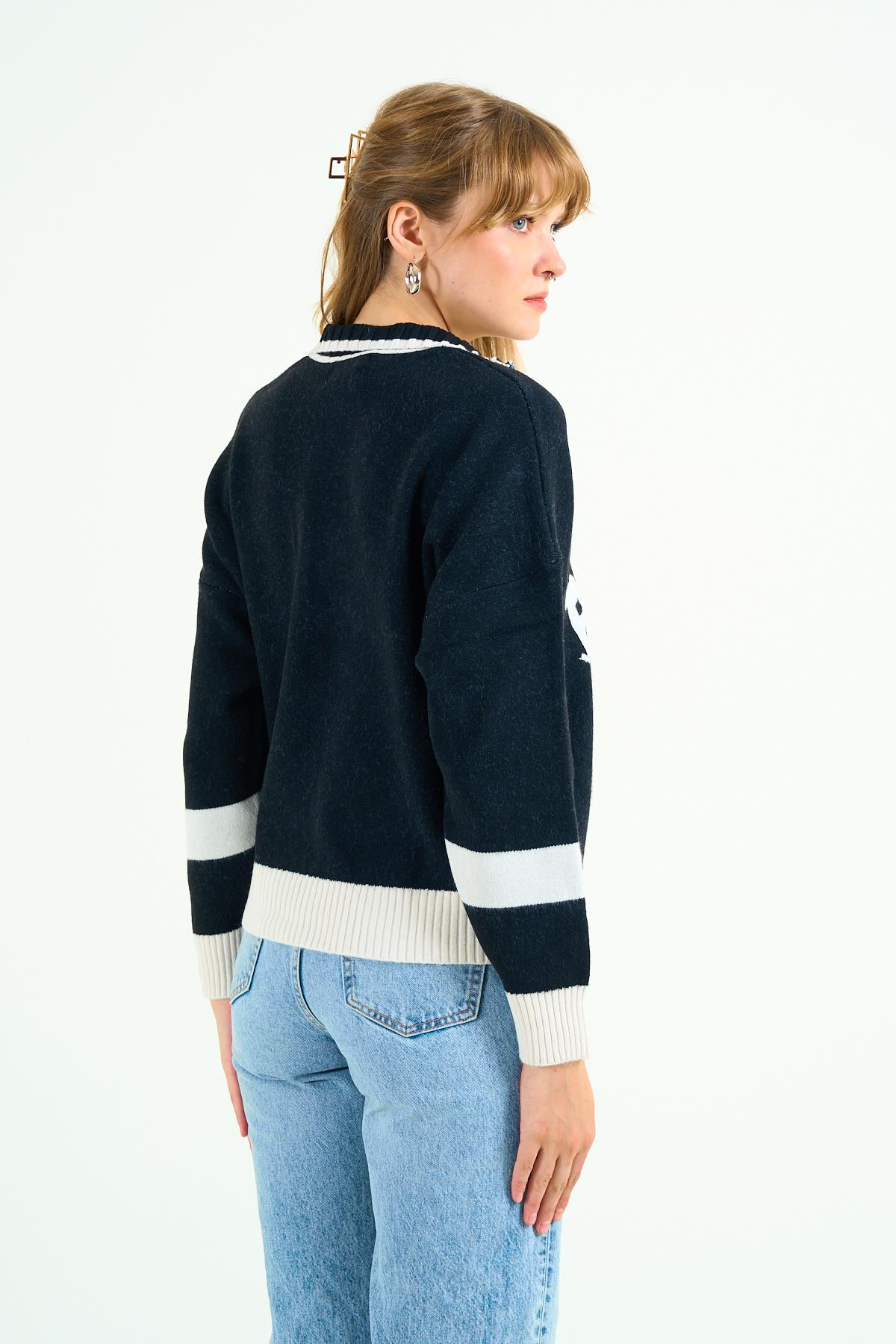 Kadın Paren Triko Kazak - Siyah-Krem