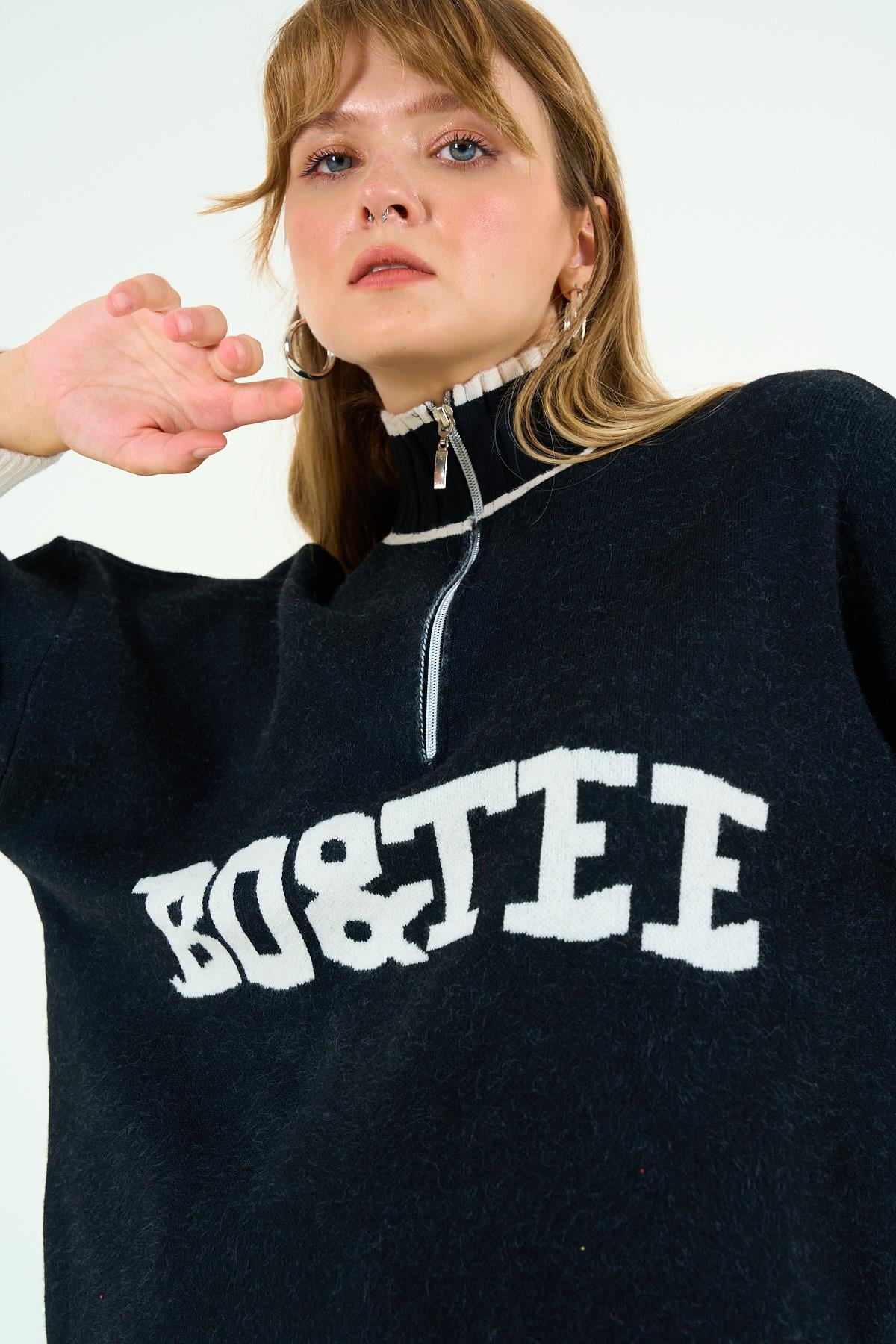 Kadın Paren Triko Kazak - Siyah-Krem