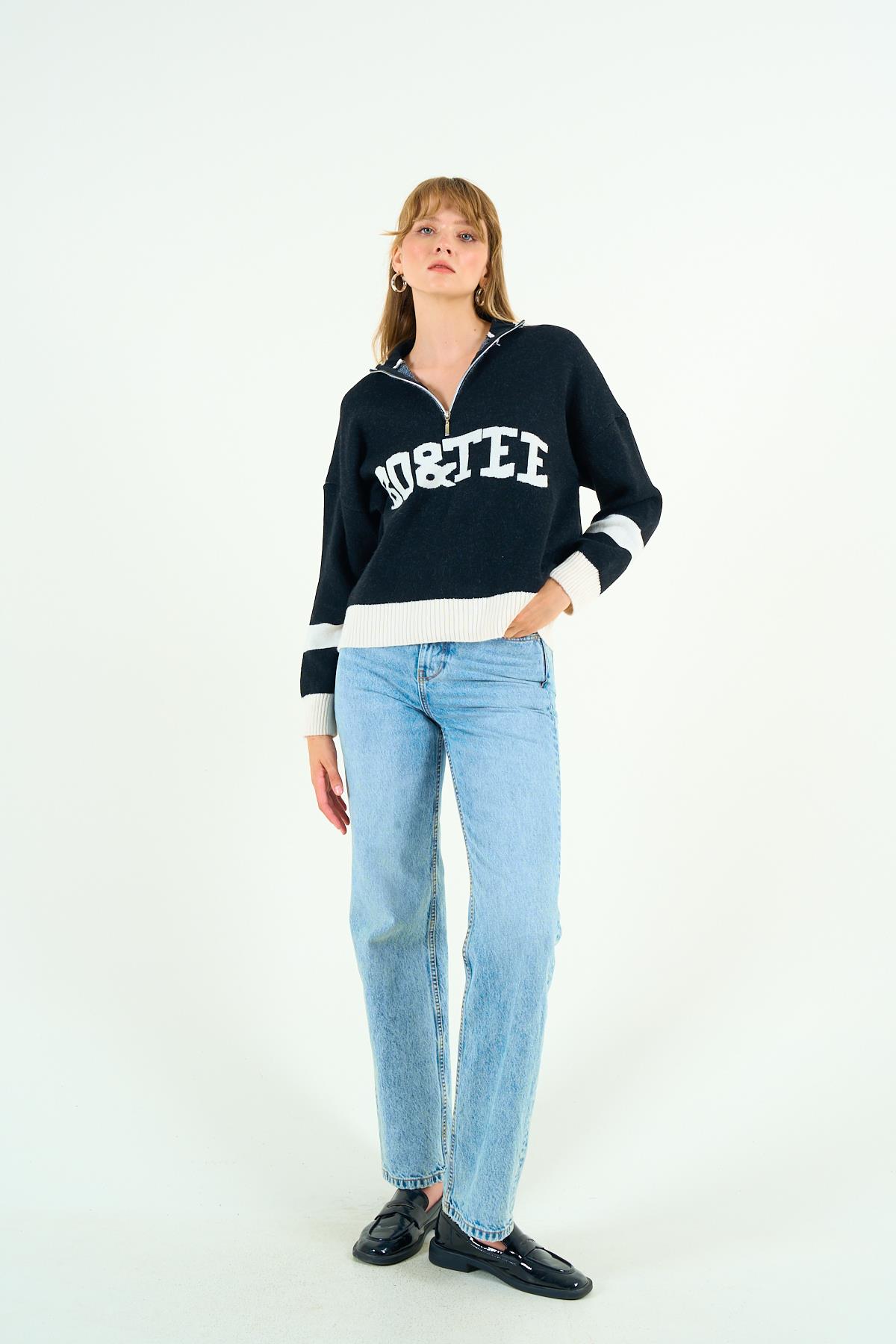 Kadın Paren Triko Kazak - Siyah-Krem