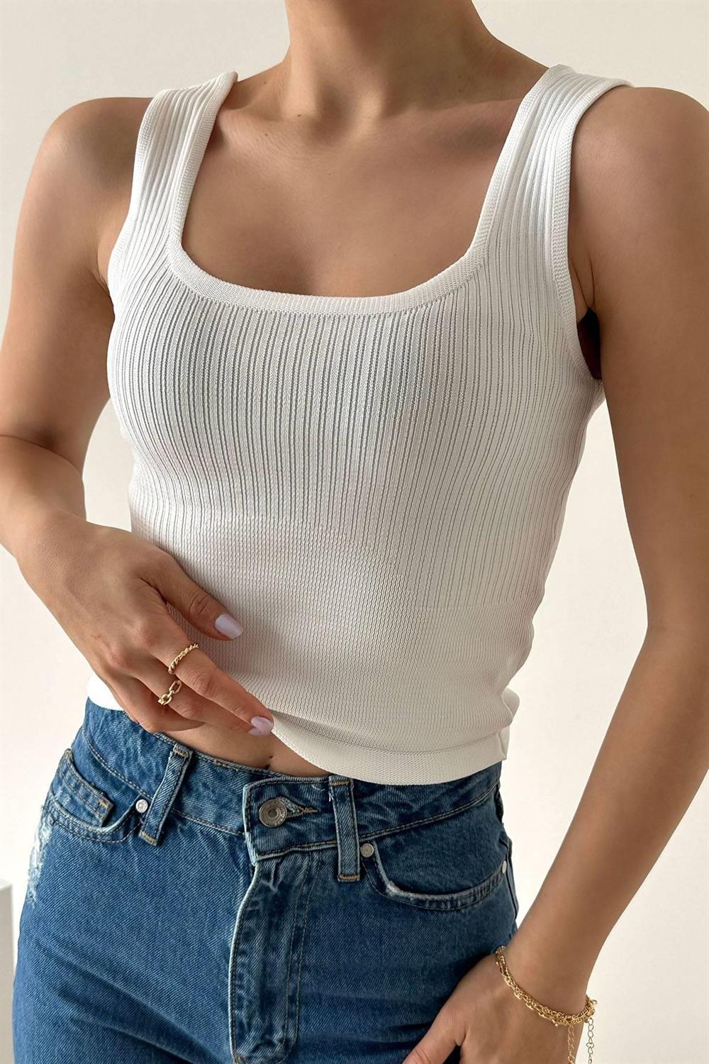 Kendinden Biyeli Atlet - Beyaz