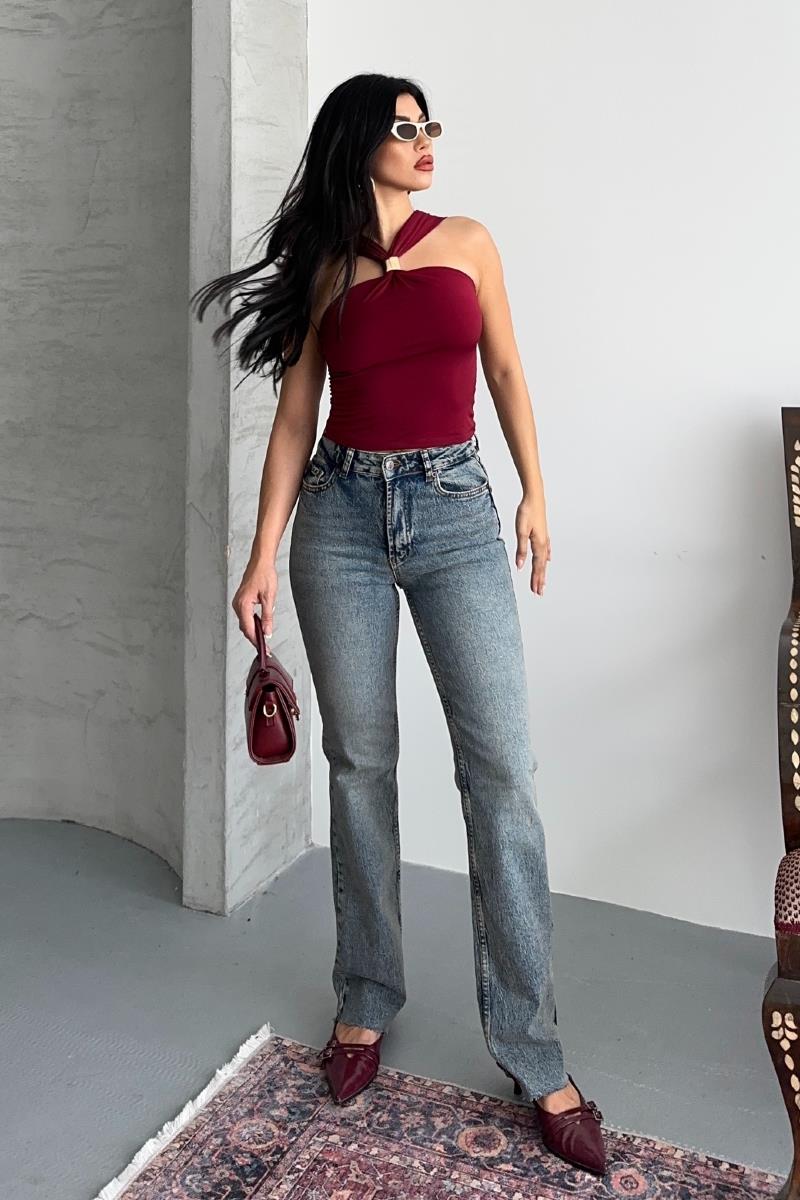 Kesik Paça Straight Fit Kot Pantolon