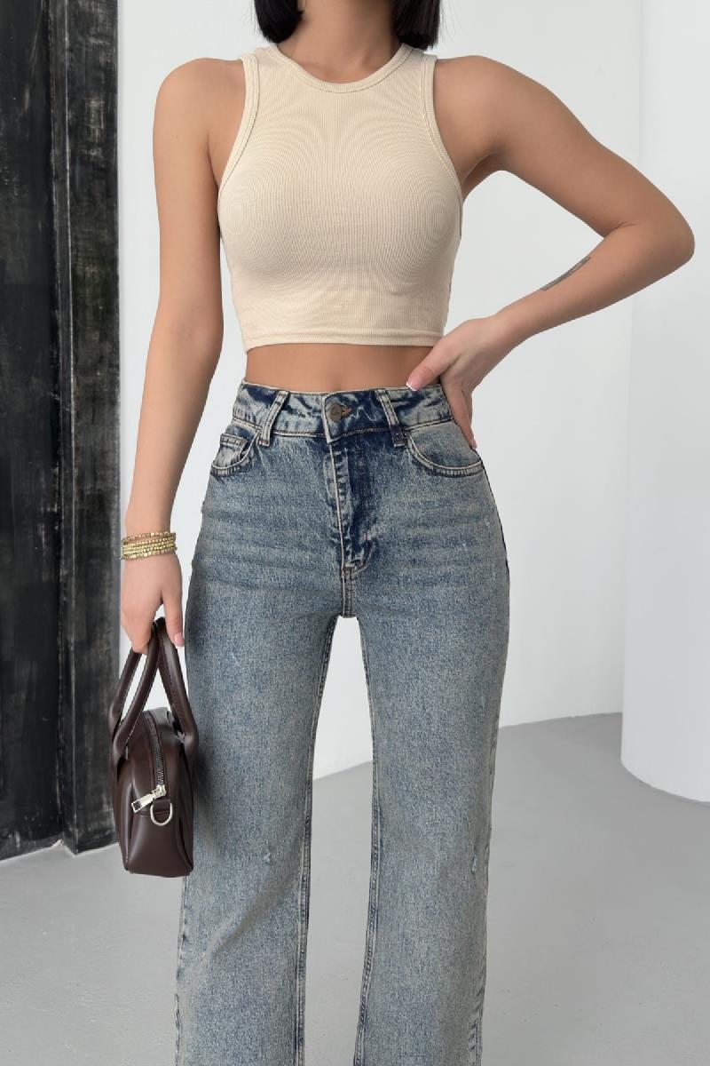 Kesik Paça Straight Fit Kot Pantolon