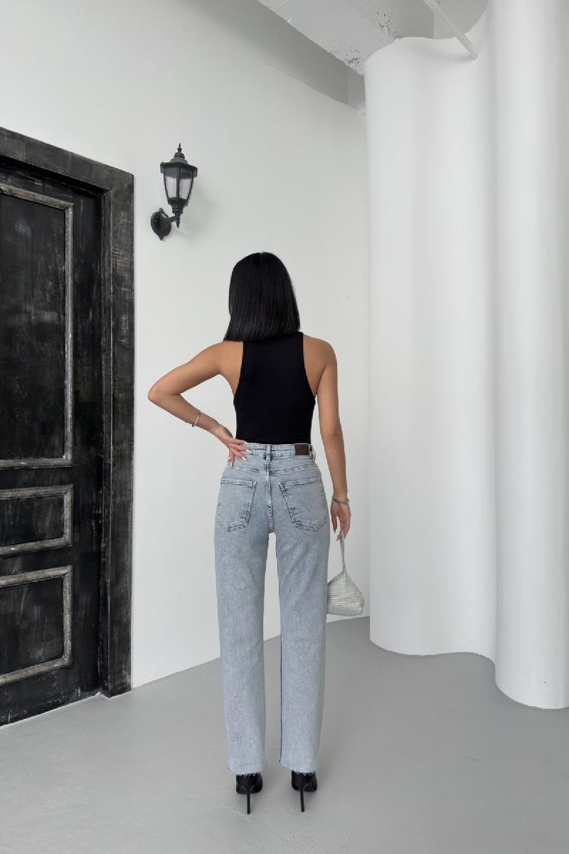 Leopar Taşlı Mom Fit Kot Pantolon
