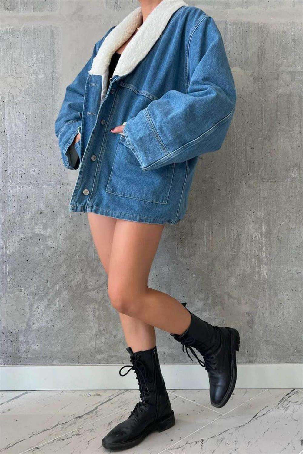 Peluş Kot Ceket - Mavi