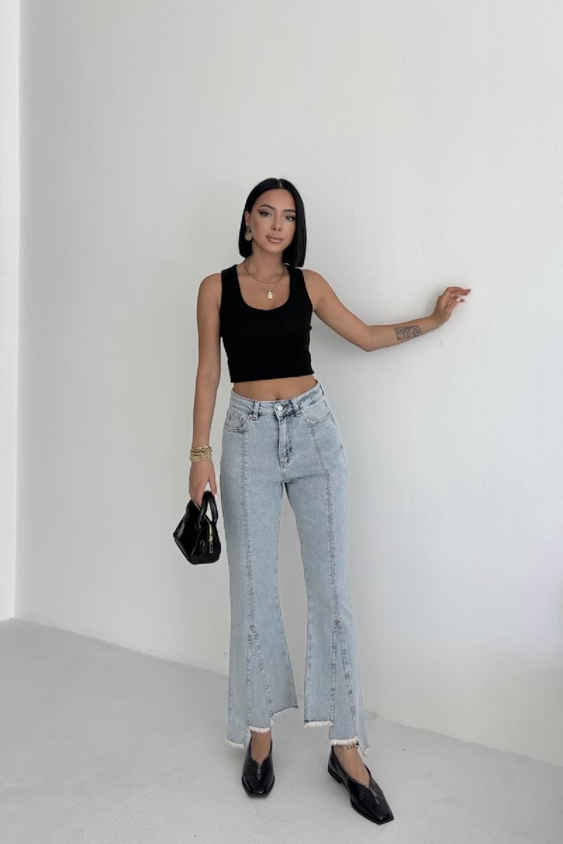 Püsküllü Parçalı Kot Pantolon