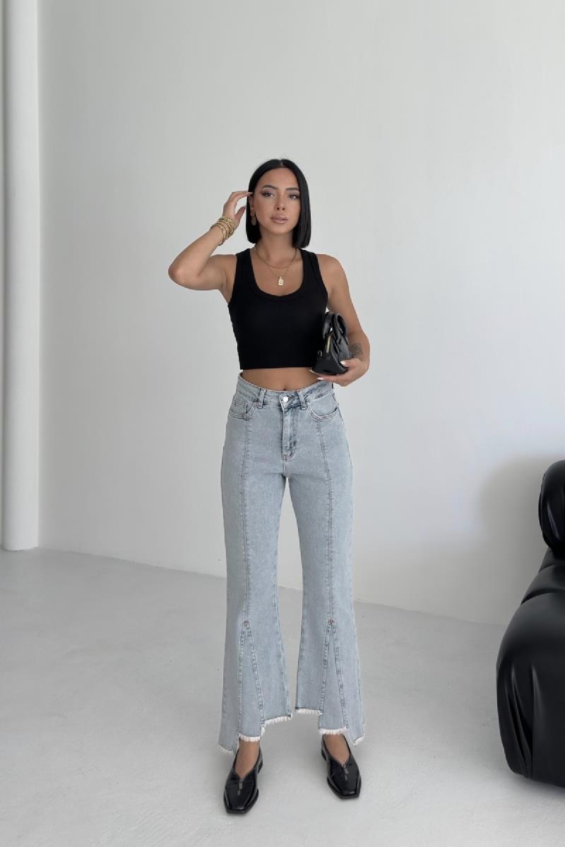 Püsküllü Parçalı Kot Pantolon