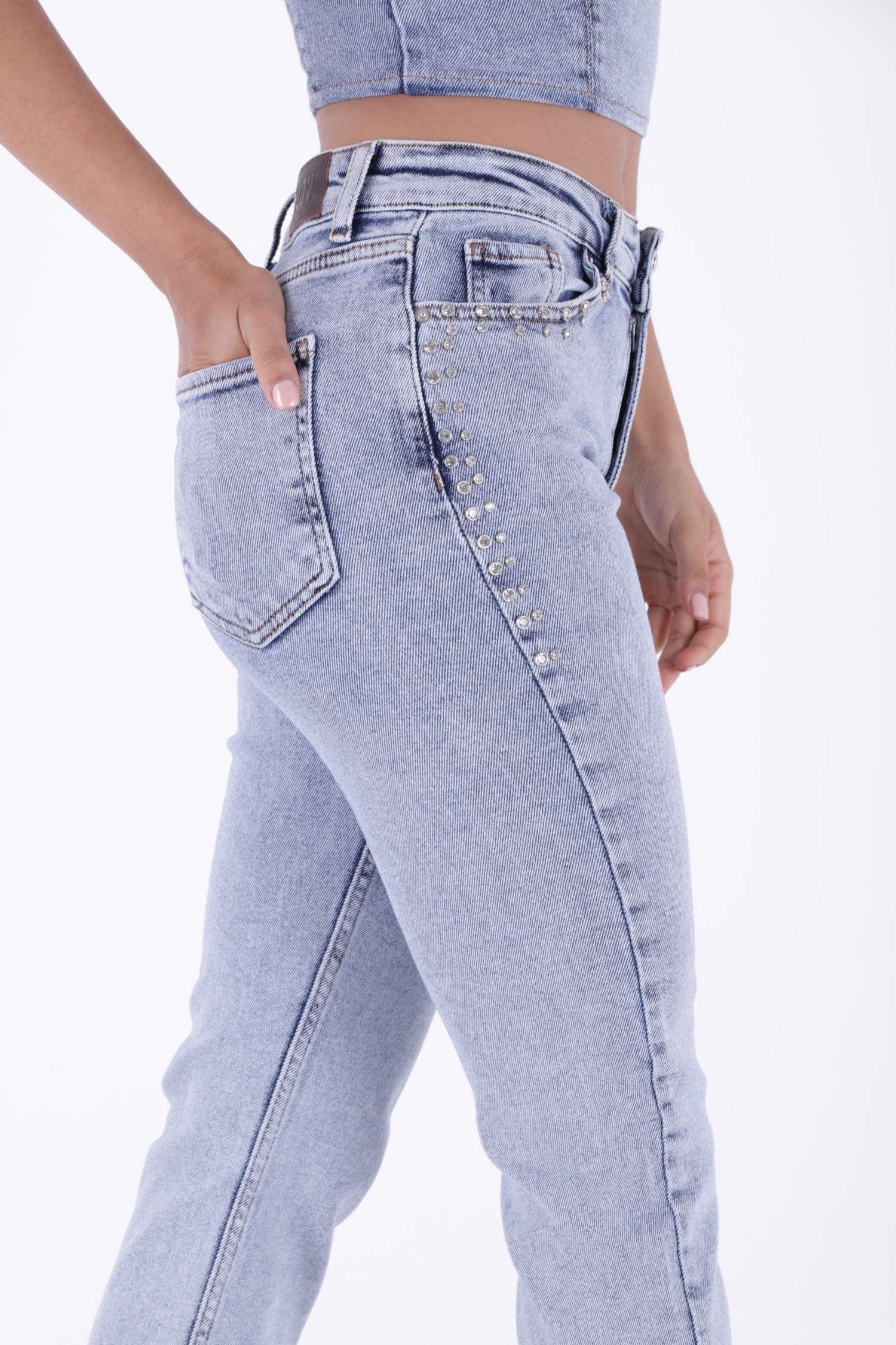 Taşlı Mom Fit Kot Pantolon