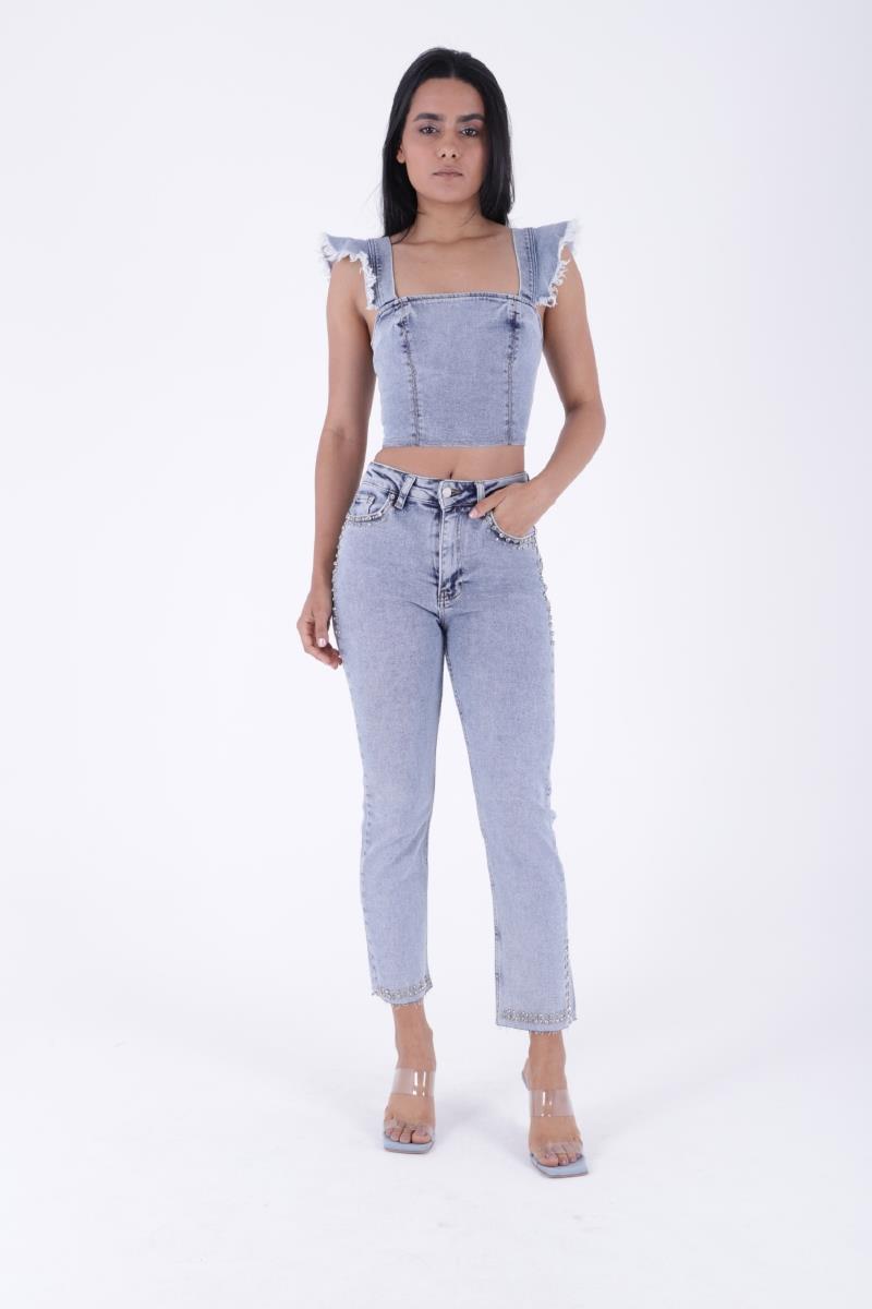Taşlı Mom Fit Kot Pantolon 7023