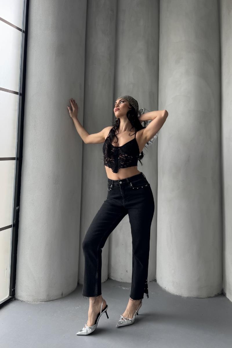 Yanı Yırtmaçlı Flare Paça Mom Kot Pantolon