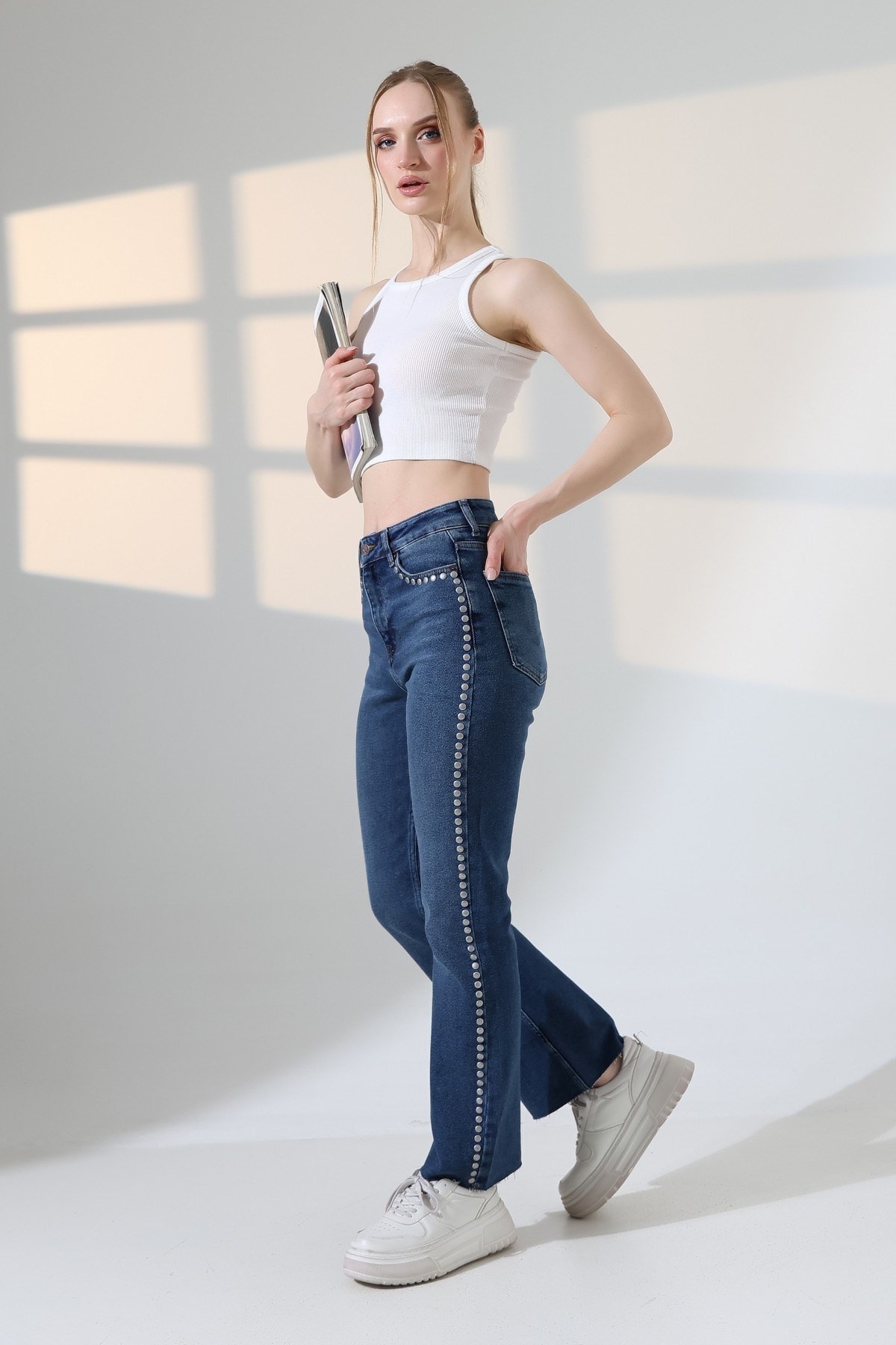 Zımba Taşlı İspanyol Mom Fit Kot Pantolon 7192