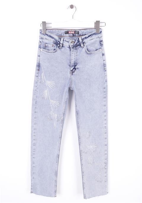 Çapraz Taşlı Mom Fit Kot Pantolon