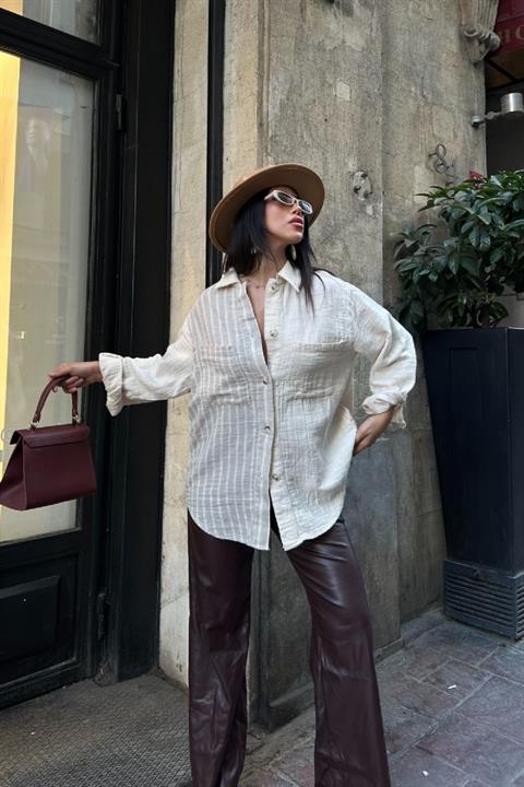 Çizgi Garnili Oversize Gömlek