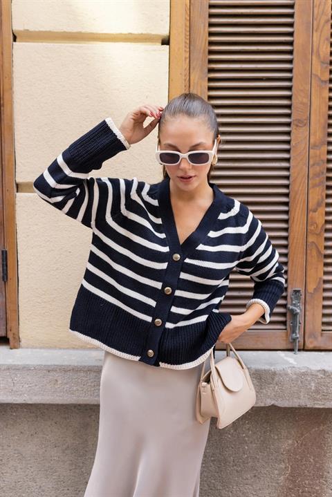 Cardigan with Stripes and Side Slits and Gold Button Detail