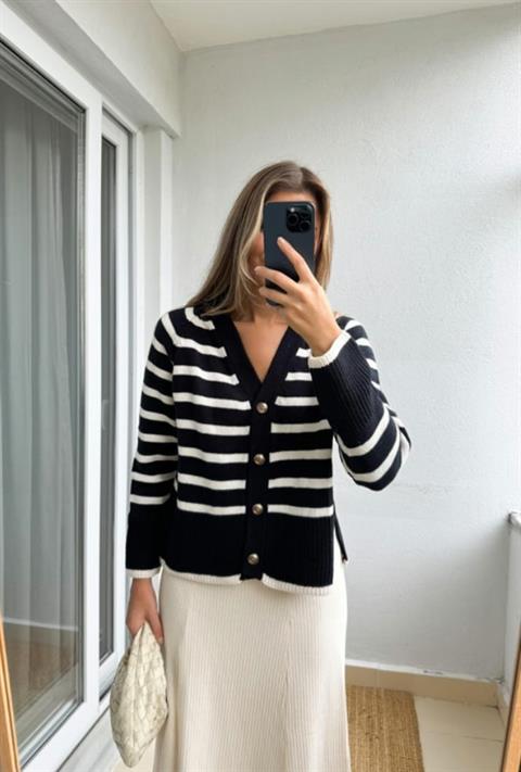 Cardigan with Stripes and Side Slits and Gold Button Detail