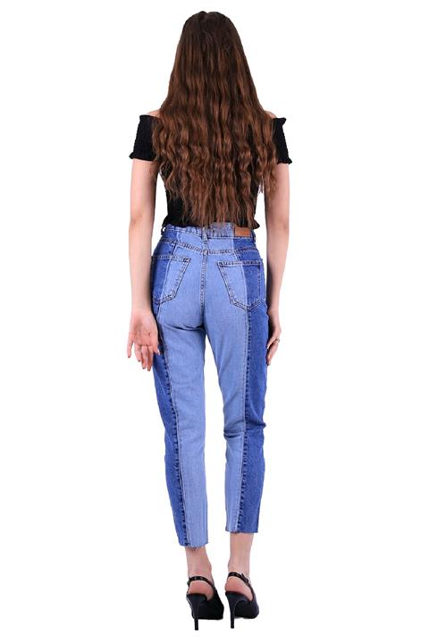 Dikişli Çift Renkli Mom Kot Pantolon