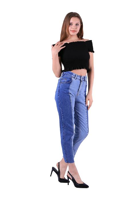 Dikişli Çift Renkli Mom Kot Pantolon