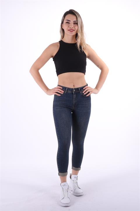 Double Folded Bottom High Waisted Skinny Short Jean Dark Tinted Denim Dark Tinted Denim (26-31)