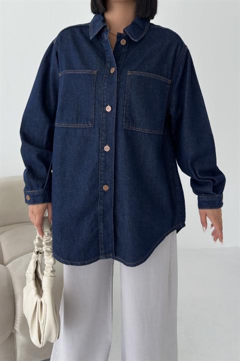 Düğmeli Oversize Kot Gömlek