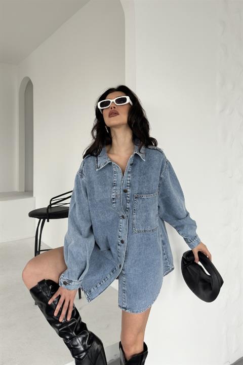 Düğmeli Oversize Kot Gömlek