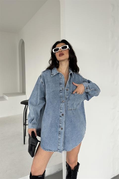 Düğmeli Oversize Kot Gömlek