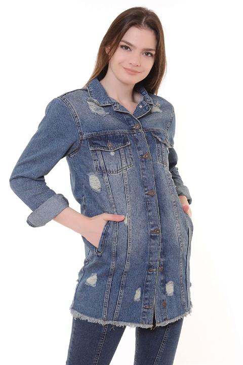 Fringe Finish Boyfriend Denim Jacket Middle Blue - Tinted Middle Blue - Tinted (S-XL-6)