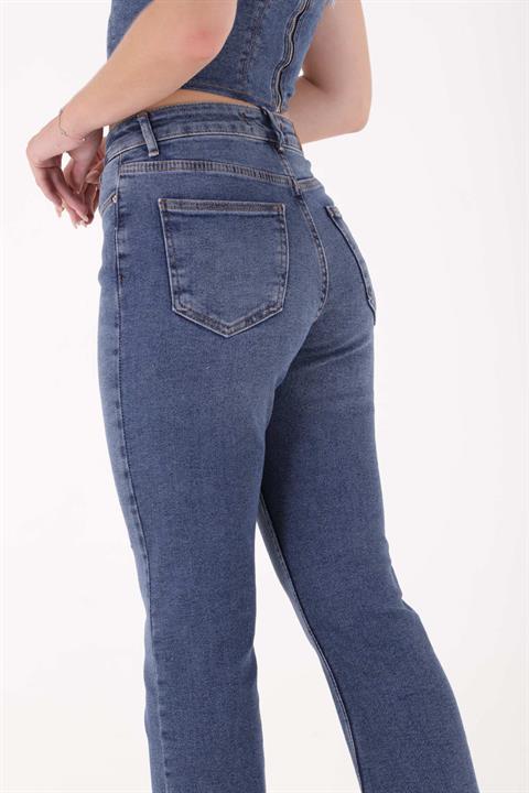 High Waist Mom Fit Jean with Flared Leg and Fringe Ending Dark Blue Denim (28-33)