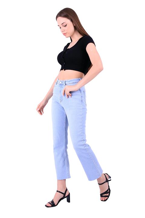 High Waist Mom Fit Jean with Flared Leg and Fringe Ending Ice Blue - Tinted Ice Blue - Tinted (26-31)