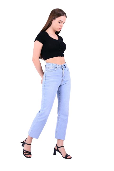 High Waist Mom Fit Jean with Flared Leg and Fringe Ending Ice Blue - Tinted Ice Blue - Tinted (28-33)