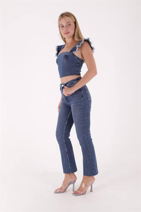 High Waist Mom Fit Jean with Flared Leg and Fringe Ending Dark Blue Denim (28-33)