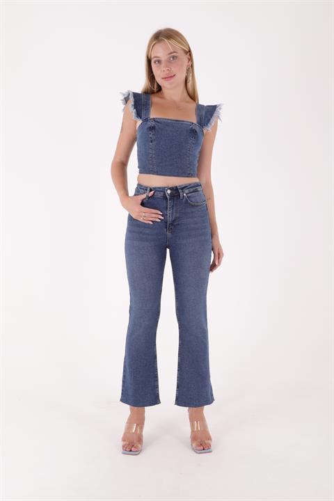 High Waist Mom Fit Jean with Flared Leg and Fringe Ending Dark Blue Denim (28-33)