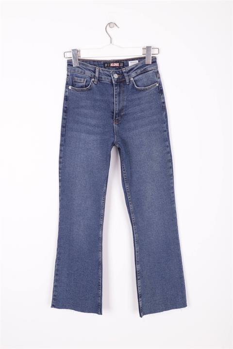 High Waist Mom Fit Jean with Flared Leg and Fringe Ending Dark Blue Denim (28-33)