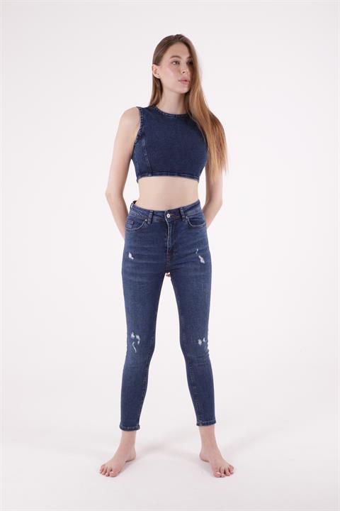 High Waisted and Little Ripped Skinny Jean Dark Blue Denim Dark Blue Denim (28-33)