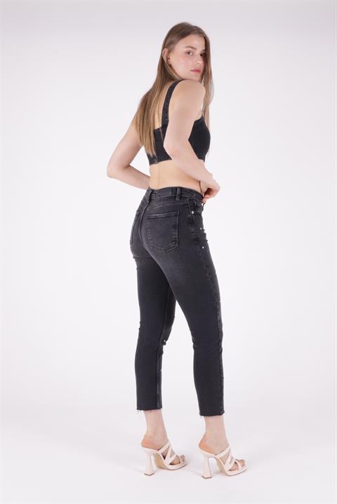 High Waisted Mom Fit Jean with Drops and Fringe Ending Anthracite Denim Anthracite Denim (26-28)