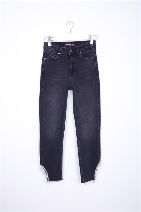 High Waisted Mom Jean with Rhinestones on Leg Hems Sides 1881 Anthracite Denim Anthracite Denim (28-33)