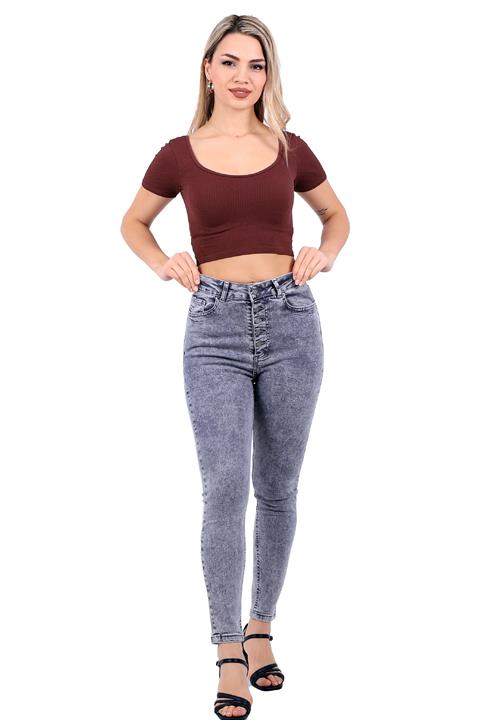 High Waisted Skinny Jean with Five Buttons in Front Light Grey Denim Light Grey Denim (30-36)