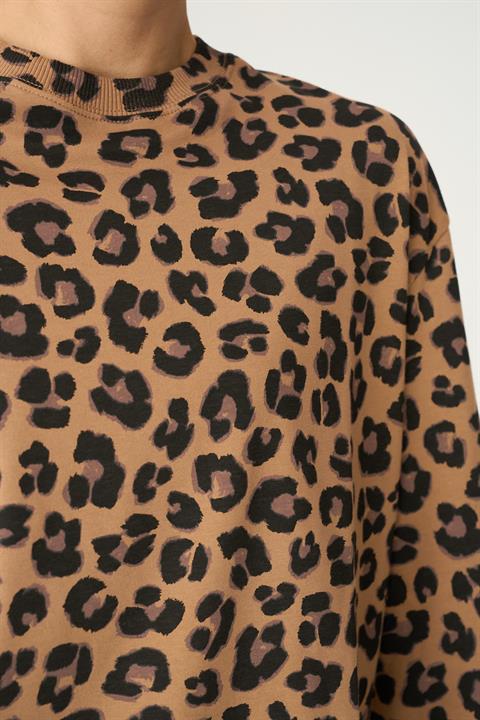 Kadın Cazy Uzun Kol Örme Leopar T-shirt - Bej