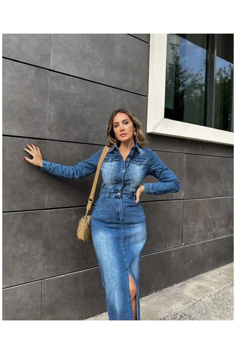 Kadın Önü Düğmeli Yırtmaçlı Denim Kot Elbise